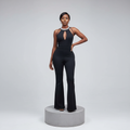 Black Rhinestone Halter Keyhole Flare Jumpsuit – Model Shot