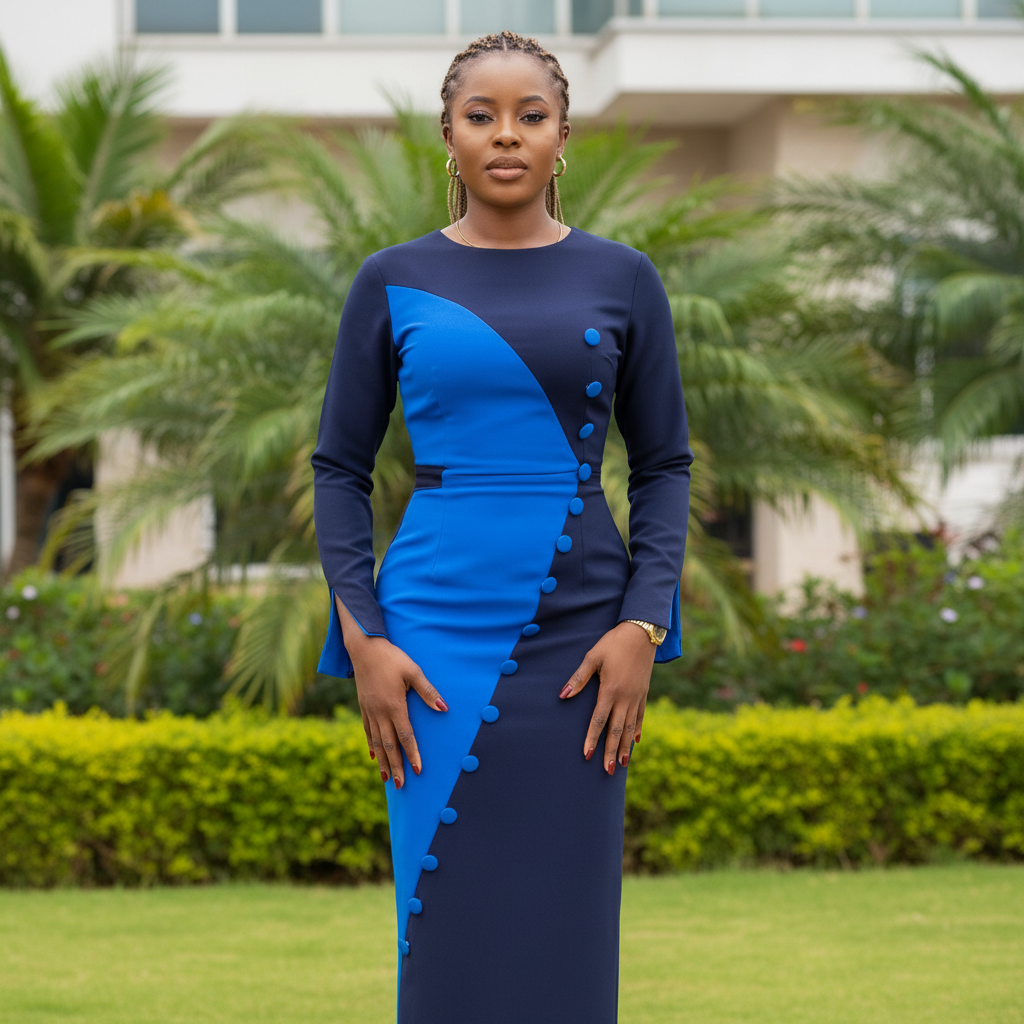 Women's Navy & Royal Blue Colour-Block Button-Trim Midi Dress – Nigerian Female Model