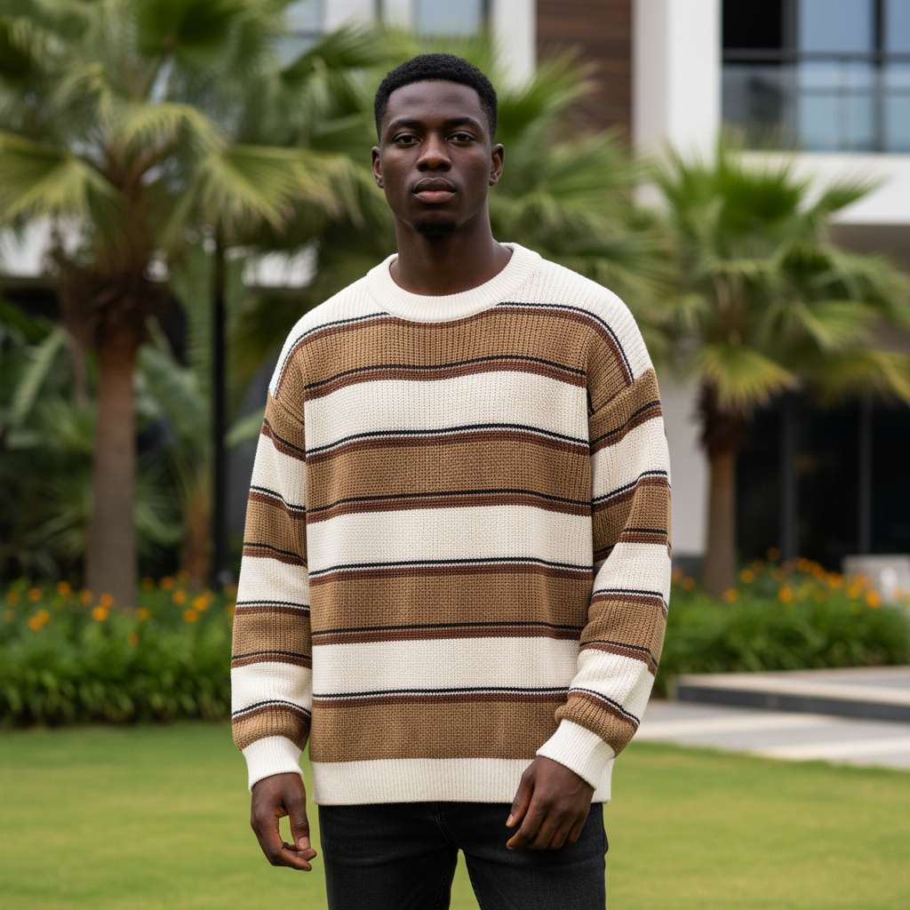 Nigerian male model wearing men's cream brown stripe knit sweater