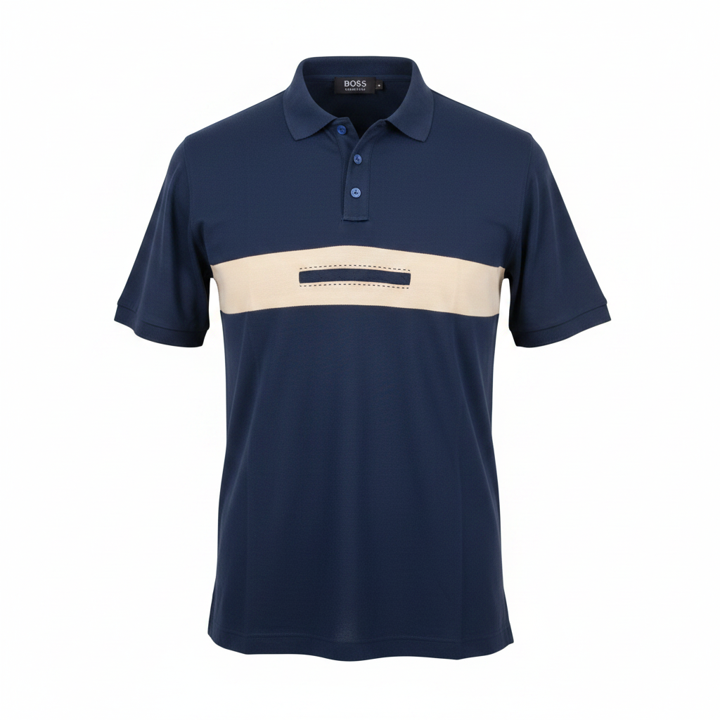 Women's navy blue colour block polo shirt - ghost mannequin front view