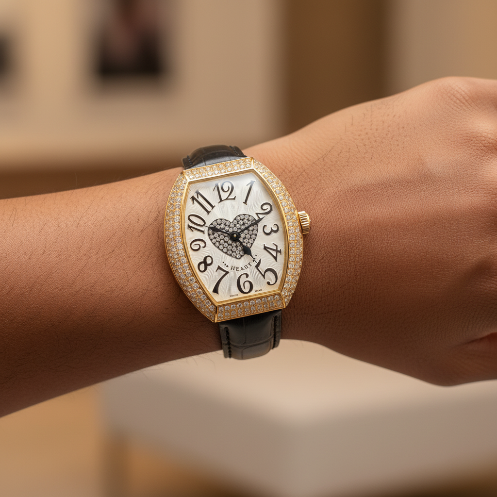 Women's gold diamond bezel crystal heart dial tonneau watch worn on Nigerian model wrist — lifestyle wrist shot