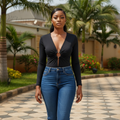Black O-ring deep V long sleeve bodysuit - front model view