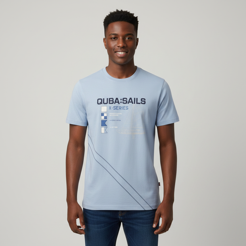 Young Nigerian male wearing steel blue Quba Sails X-Series nautical graphic crew neck tee