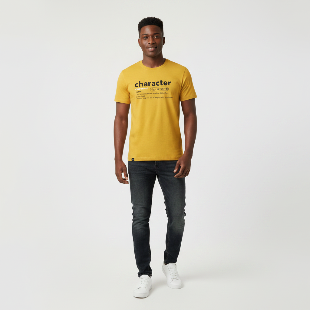 Young Nigerian male wearing mustard yellow Character definition typographic graphic crew neck tee