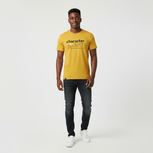 Young Nigerian male wearing mustard yellow Character definition typographic graphic crew neck tee