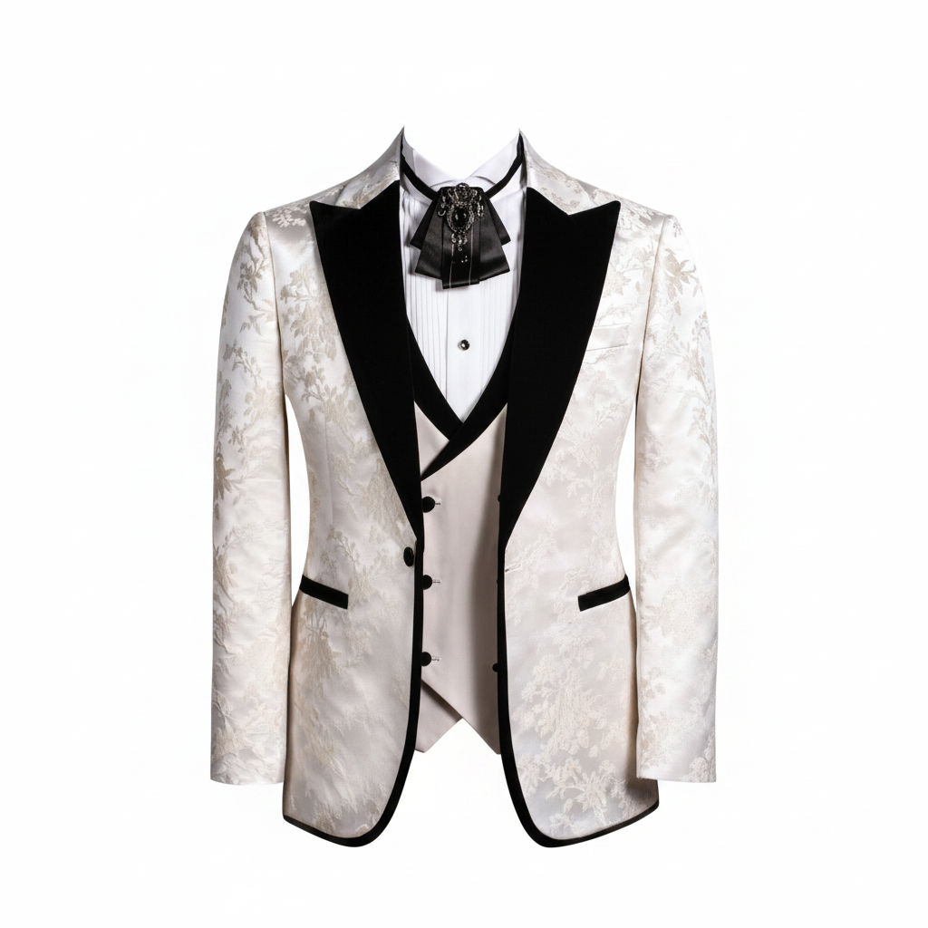 Ghost mannequin front view of ivory white floral jacquard blazer with black velvet shawl lapels and white waistcoat
