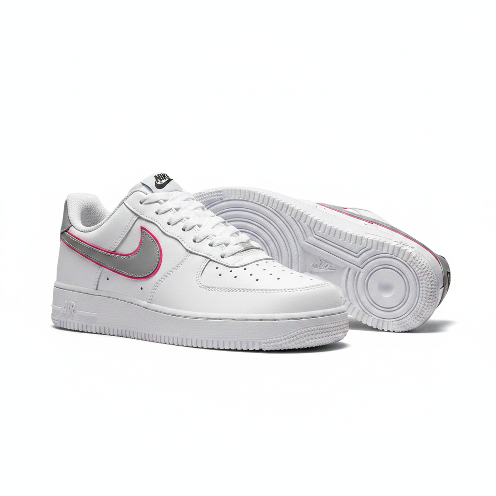 Nike Air Force 1 Low white leather grey pink swoosh ghost mannequin product shot, plain white background