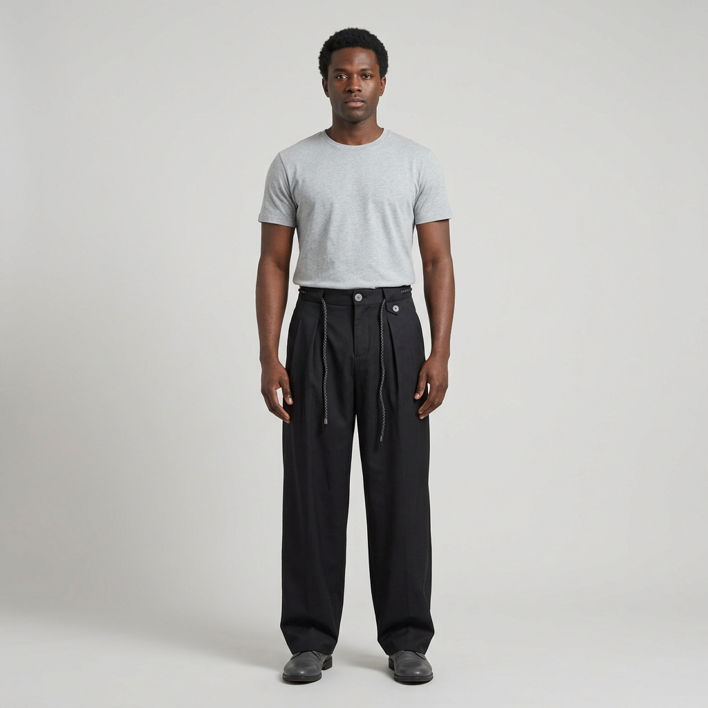 Full-body male model wearing black cord-detail wide-leg trousers