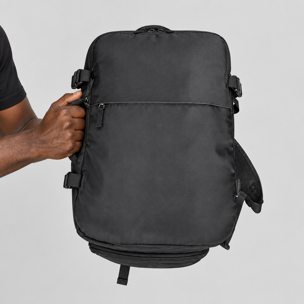 Hand holding the side handle of a black buckle-strap travel backpack
