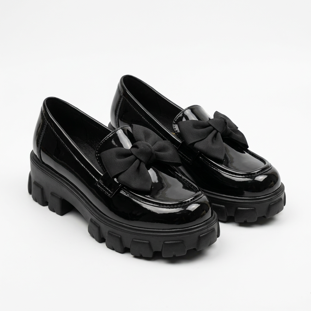 Complete pair of black glossy fabric-bow chunky loafers on white
