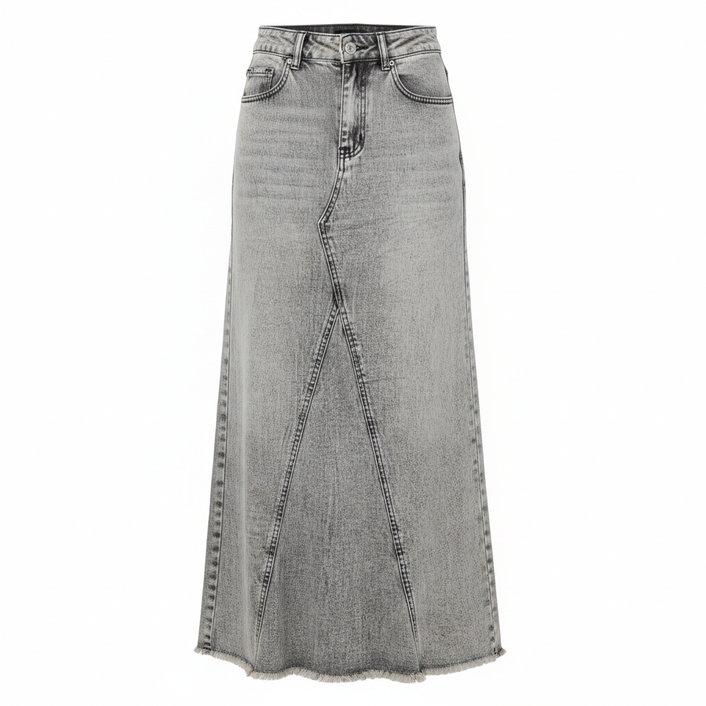 Grey Acid-Wash High-Rise Maxi Denim Skirt - Ghost Mannequin Front