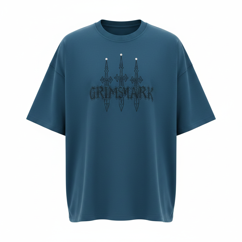 Teal Blue Grimmark Gothic Graphic Oversized Tee - Ghost Mannequin Front