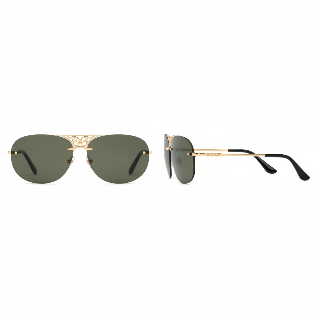 Unisex rimless aviator sunglasses with gold engraved bridge and dark olive-green lenses – front and side ghost mannequin view on white background