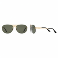 Unisex rimless aviator sunglasses with gold engraved bridge and dark olive-green lenses – front and side ghost mannequin view on white background