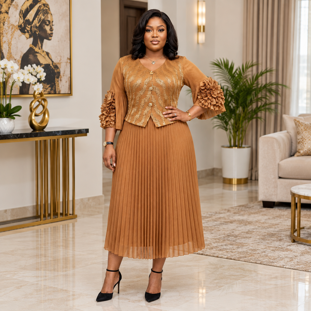 Adult Black woman wearing a camel gold patterned pleated dress