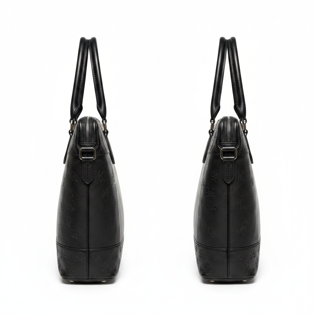 Calvin Klein black monogram leather laptop tote ghost mannequin front and side view