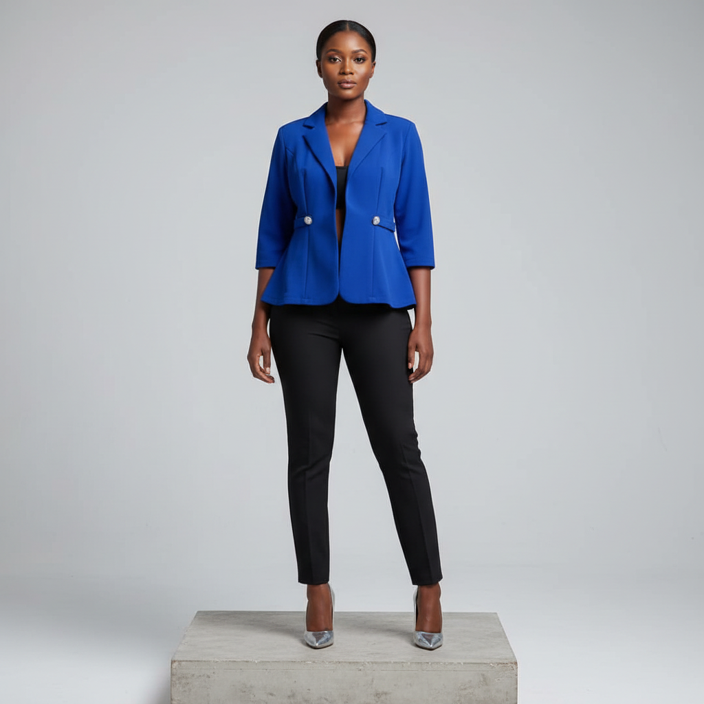 Royal Blue Cropped 3/4 Sleeve Blazer - Model Front