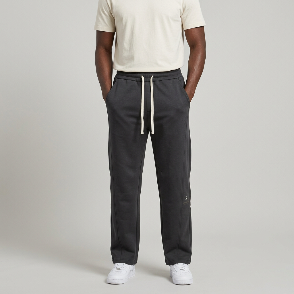 Adult Black model wearing charcoal straight-leg joggers with cream drawstrings and number detail