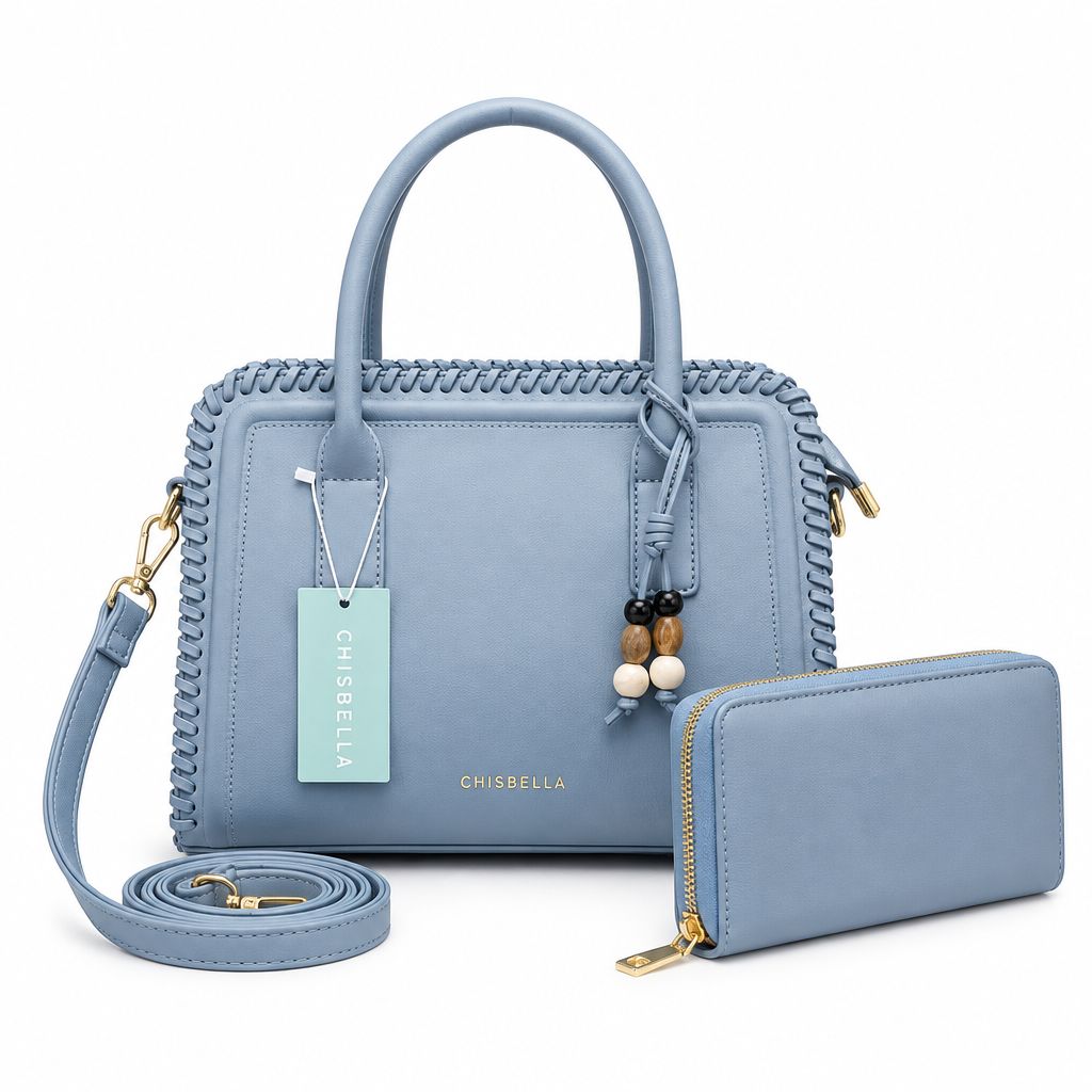 Powder blue woven-edge handbag and matching zip purse on white background