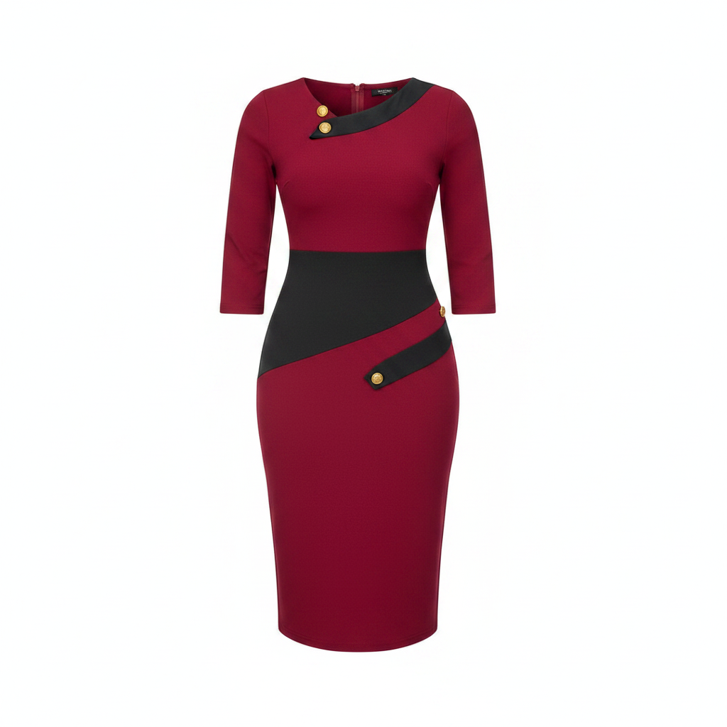 Women's crimson red and grey diagonal colorblock gold button bodycon midi dress - ghost mannequin view