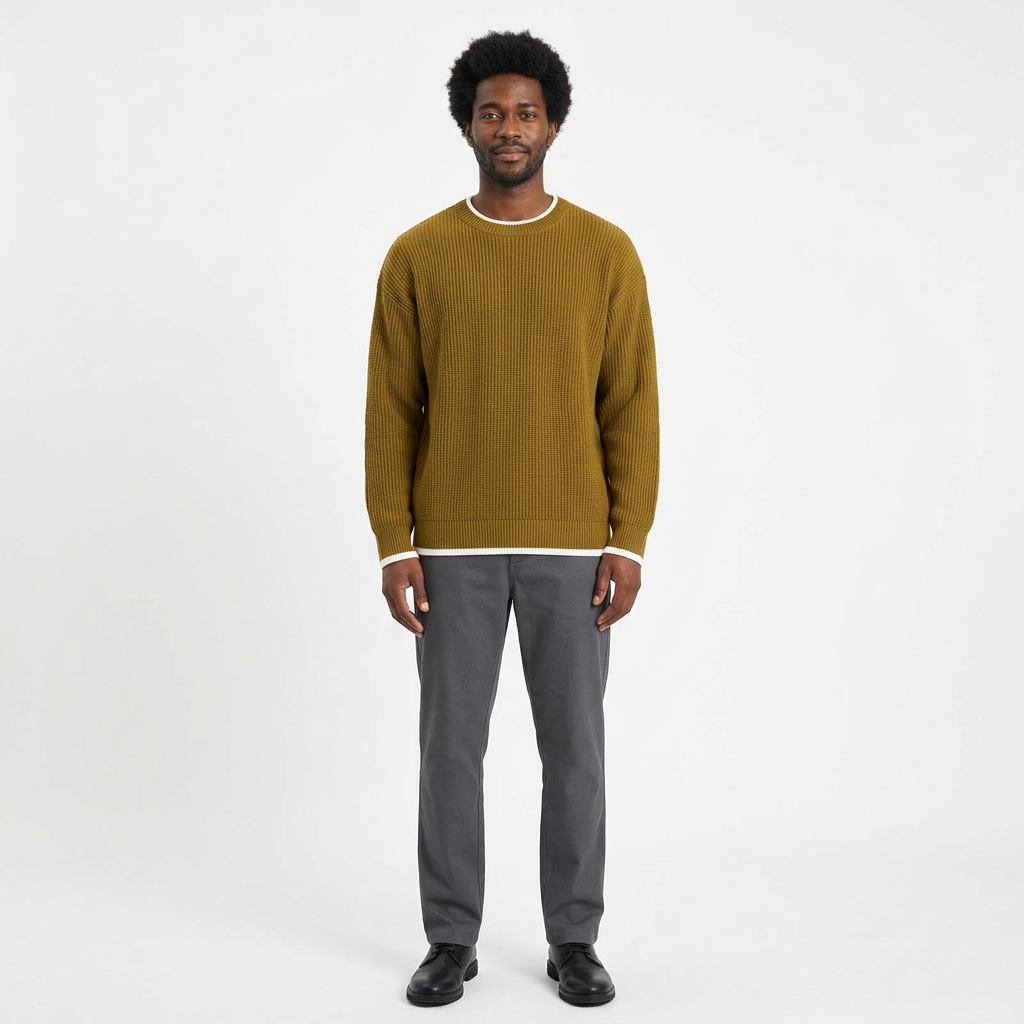 Full-body male model wearing an olive-mustard white-trim rib-knit sweater
