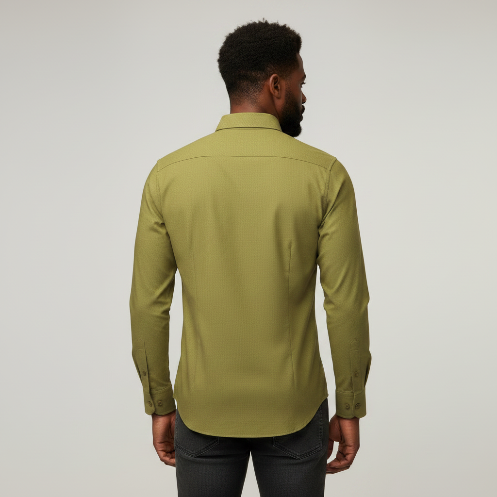 Nigerian adult male model wearing Olive Green Long Sleeve Shirt – Back View