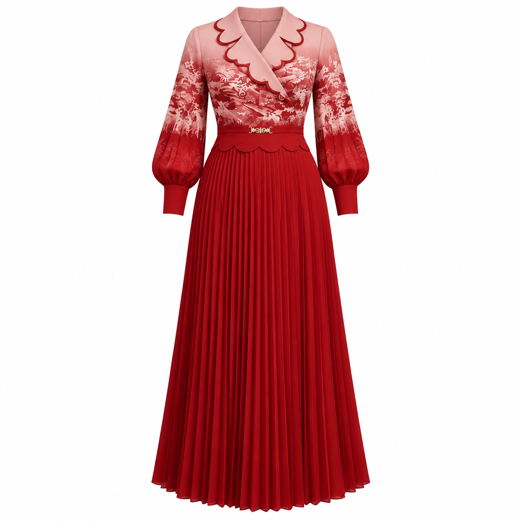 Red scallop-collar pleated dress on white background