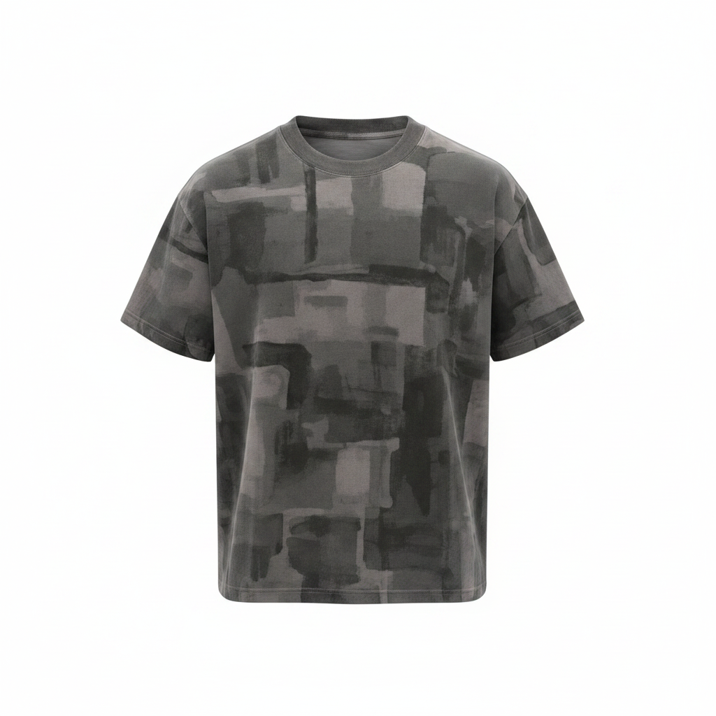 Men's grey camo brushstroke print shirt ghost mannequin front view