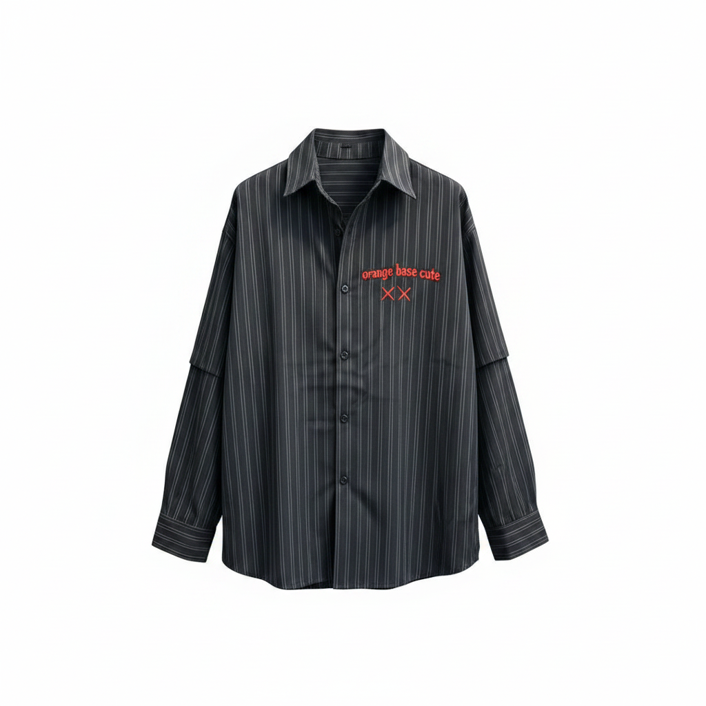 Men's charcoal striped oversized embroidered long-sleeve shirt – ghost mannequin front view