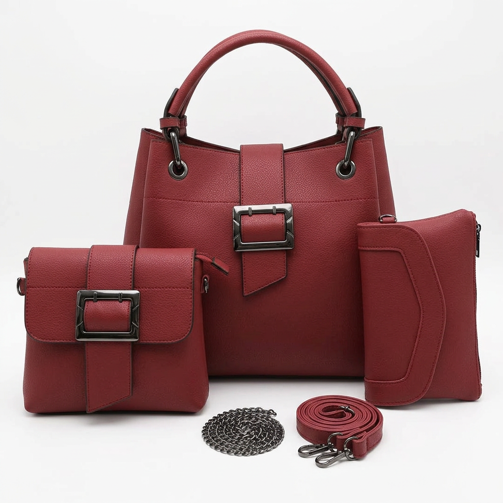 Burgundy three-piece buckle-detail bag set with coordinating strap and chain on white
