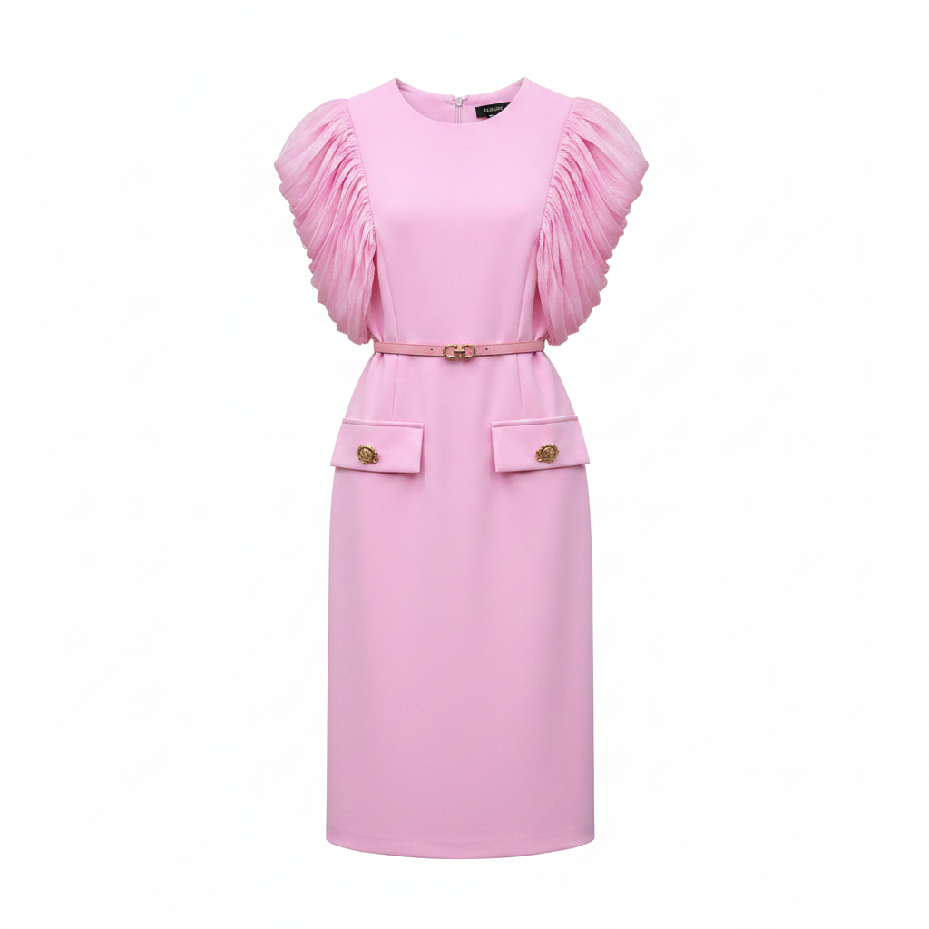 Women's ruffle-sleeve belted midi dress in pink – ghost mannequin front view