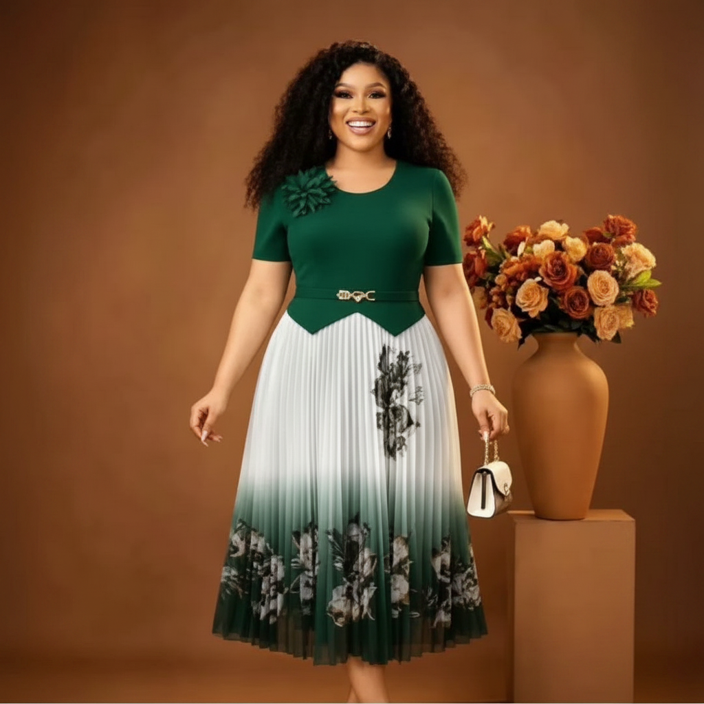 Forest Green Floral Ombre Pleated Midi Dress - Model Shot