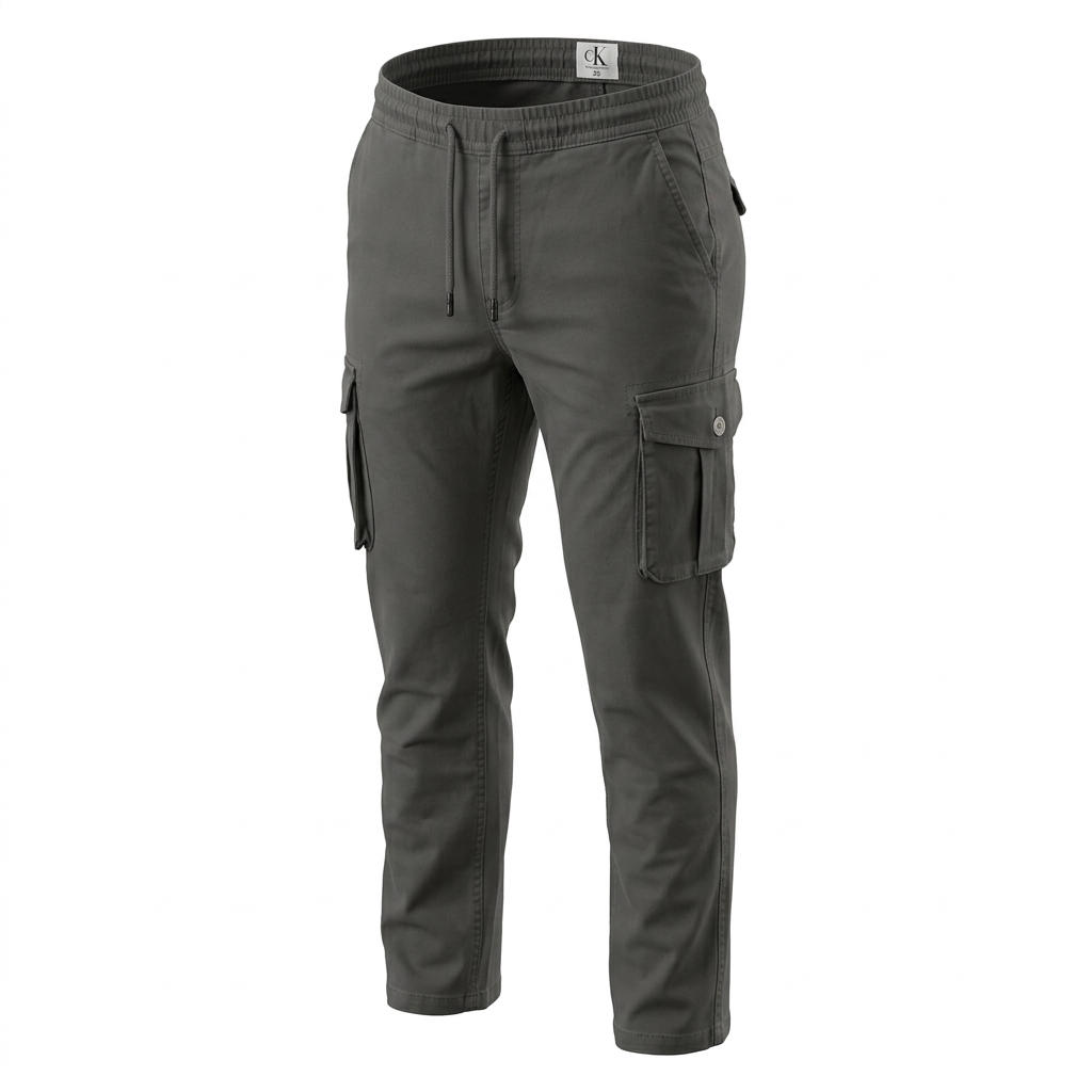 Charcoal cargo trousers on an invisible mannequin with natural three-dimensional volume