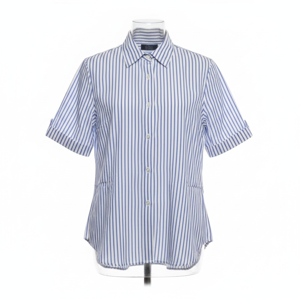 Blue White Striped Short-Sleeved Shirt - Ghost Mannequin Front View