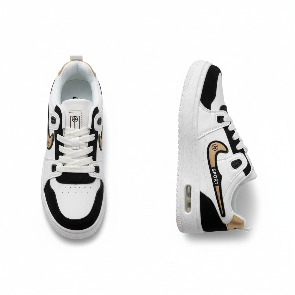 Men's white black and gold sport low-top sneakers ghost mannequin front and side view