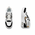 Men's white black and gold sport low-top sneakers ghost mannequin front and side view