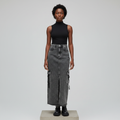 Charcoal Grey Acid Wash Cargo Denim Maxi Skirt - Model Front View
