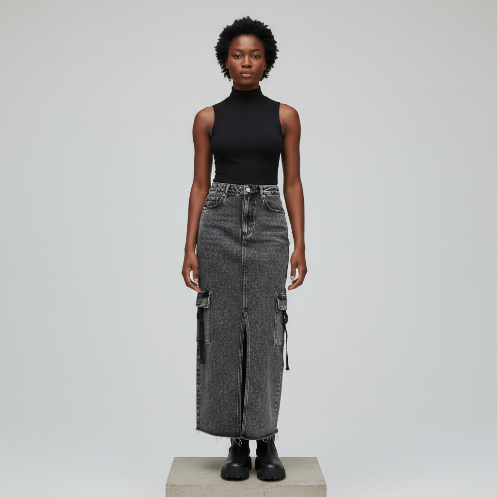 Charcoal Grey Acid Wash Cargo Denim Maxi Skirt - Model Front View