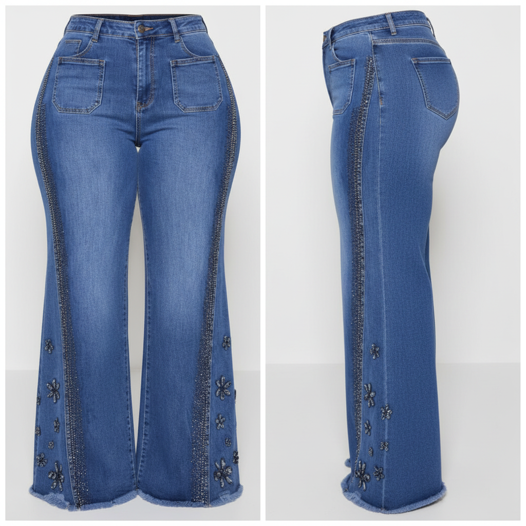 Blue high-waist wide-leg rhinestone floral jeans ghost mannequin front and side view