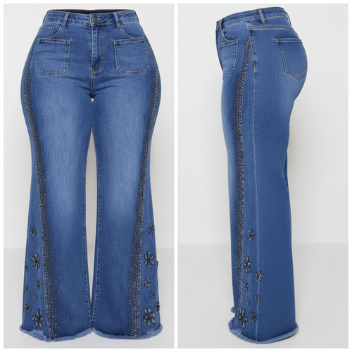 Blue high-waist wide-leg rhinestone floral jeans ghost mannequin front and side view