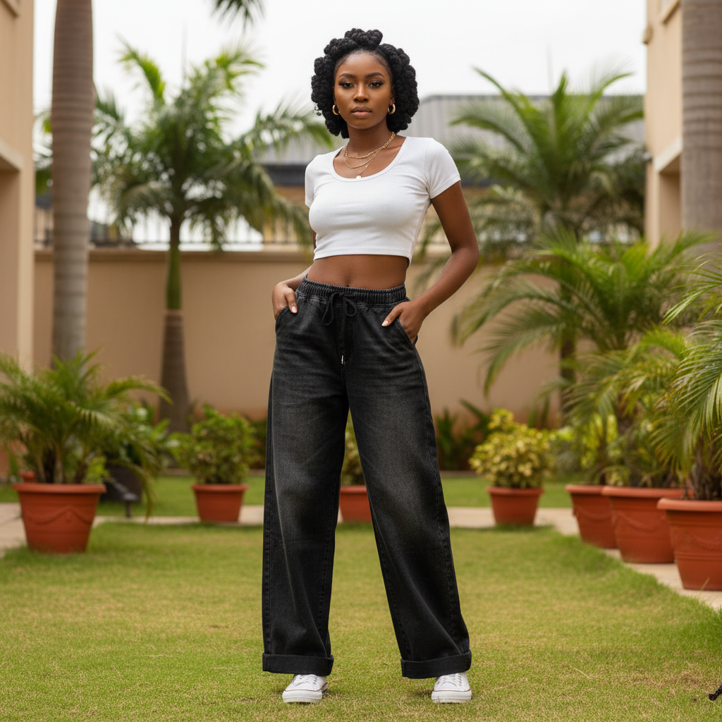 Women's Washed Black Drawstring Wide-Leg Denim Jeans - Model Shot