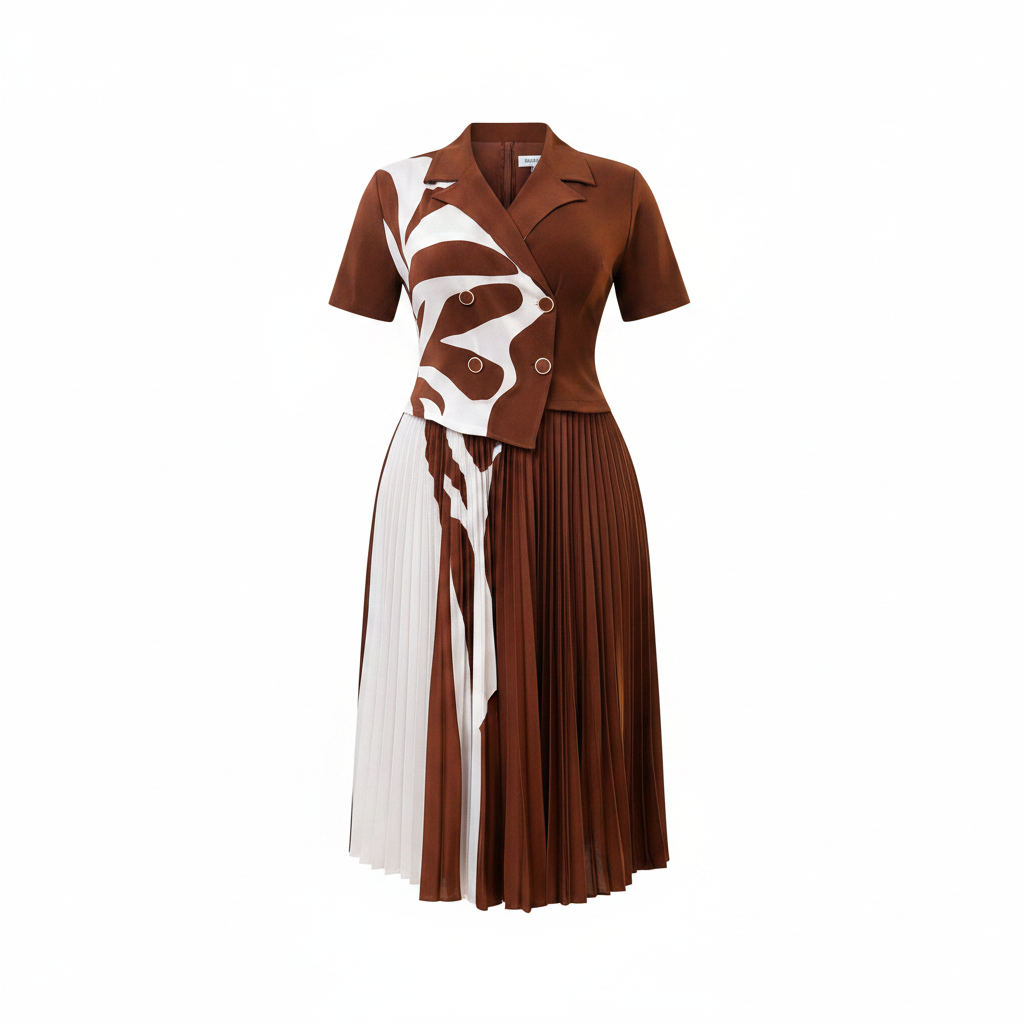 Women's Chocolate Brown Abstract Print Pleated Midi Dress — ghost mannequin front view