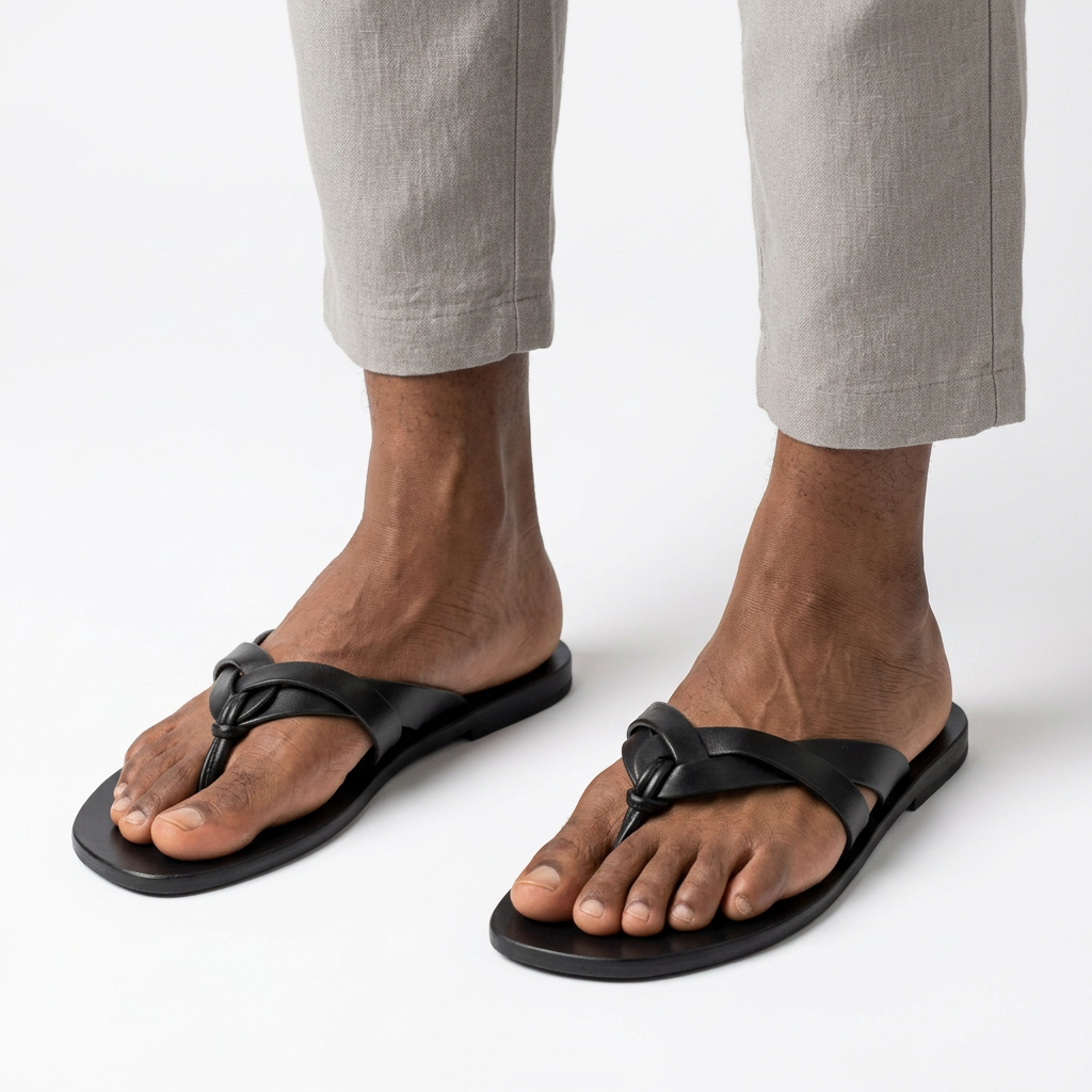Both black toe-post slides worn by a Nigerian male model on white