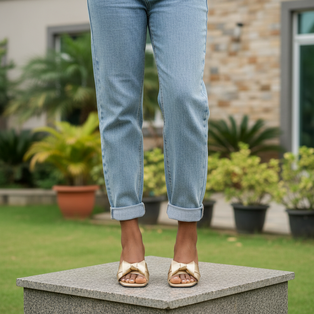 Nigerian female model leg-focused shot wearing gold nude crossover strap kitten heel slide mules, both feet visible