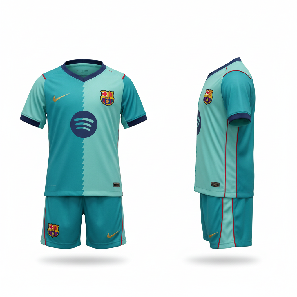 Kids aqua teal football jersey and shorts set ghost mannequin front and side view