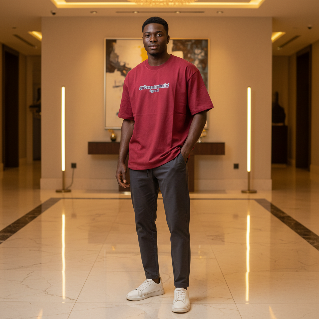 Crimson Oversized Graphic Round-Neck Tee – Model Shot