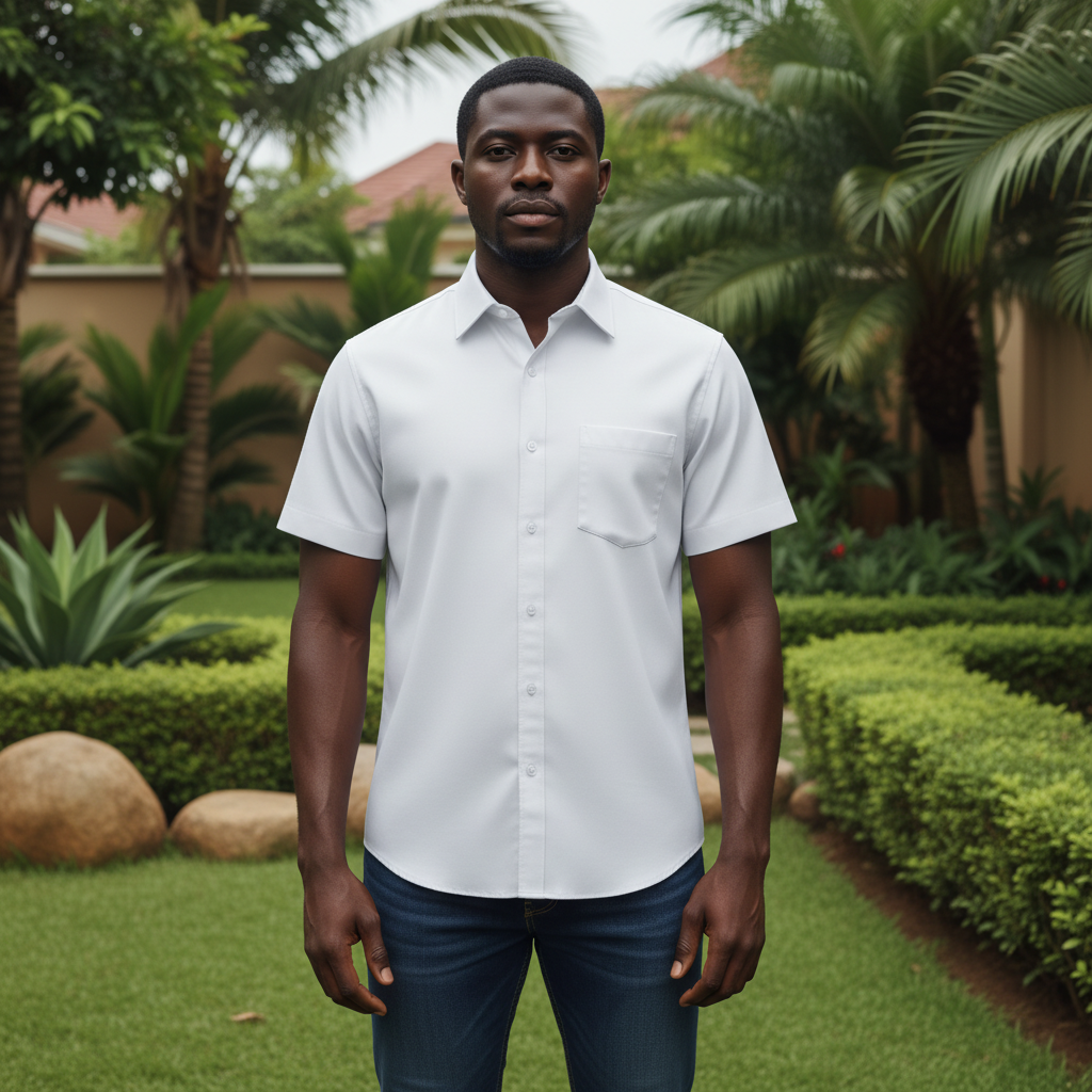 Nigerian model wearing White Classic Collar Short Sleeve Shirt – Front View