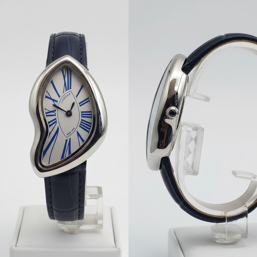 Asymmetric silver watch with blue Roman numerals and navy strap front and side view
