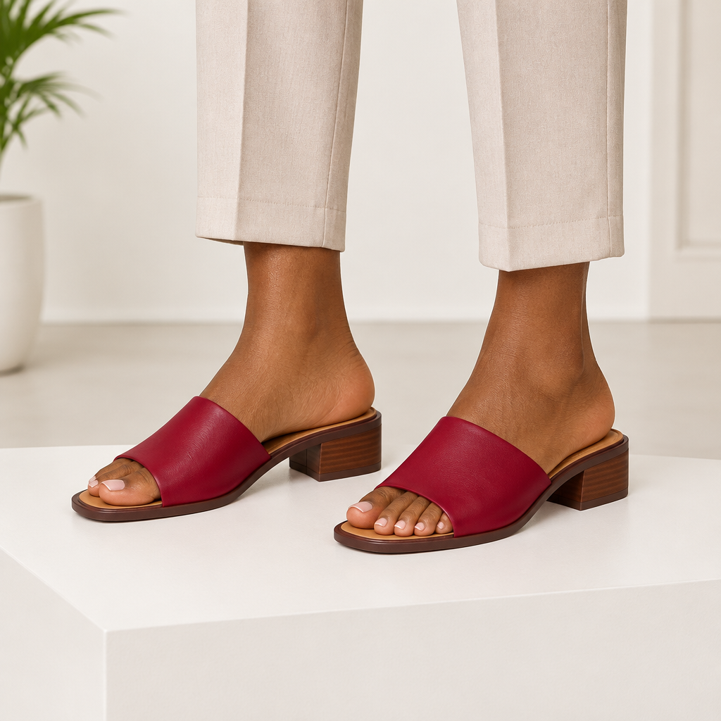 Model wearing burgundy block heel slide sandals, complete pair shown on both feet
