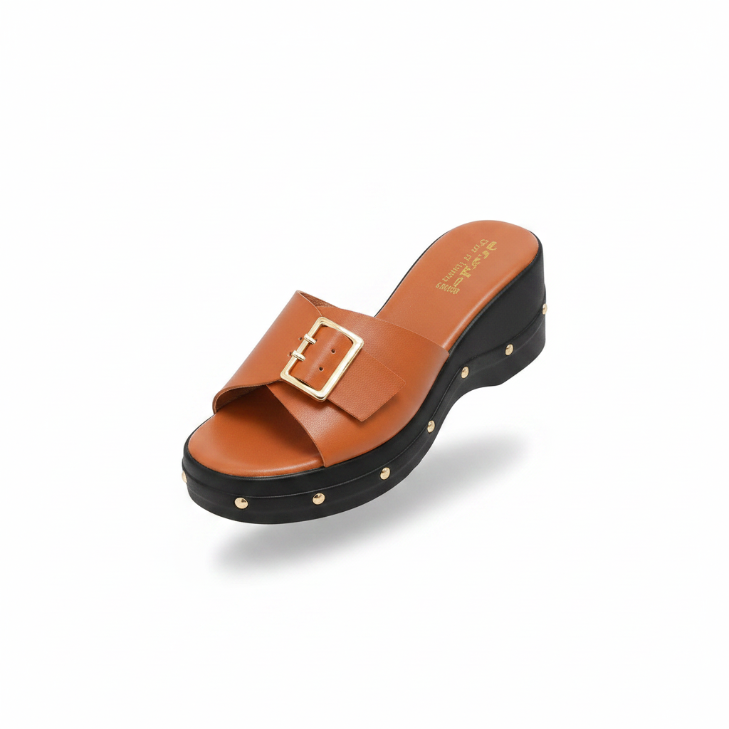 Women's light brown buckle strap platform wedge slide slipper — ghost mannequin view